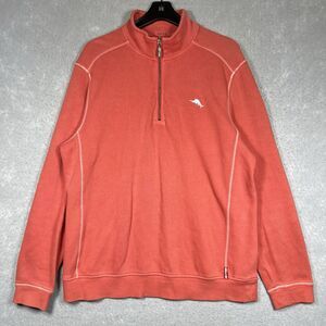 Tommy Bahama Sweater Mens Large Orange Relax Tight Knit Mock Neck Quarter Zip